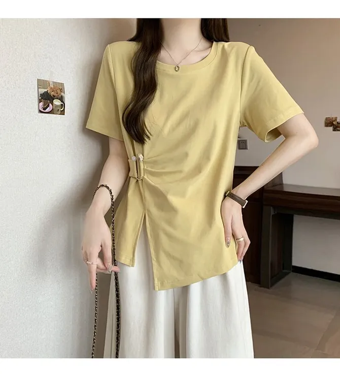 2025夏装胖妹妹女士大码上衣时尚百搭国风不对称收腰短袖上衣T恤