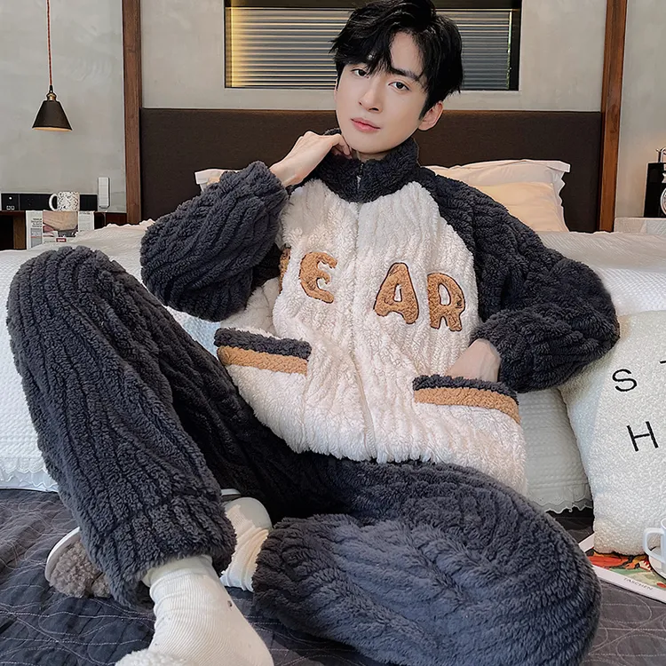 冬季男士睡衣法兰绒秋冬款拉链保暖加绒加厚青年珊瑚绒家居服套装