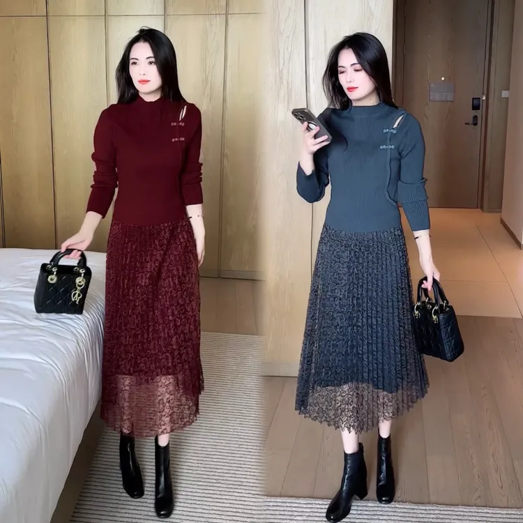 时尚洋气打底连衣裙女2025秋冬新款中长款高级感蕾丝拼接针织裙子
