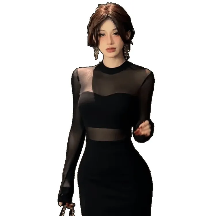 网纱拼接长袖收腰紧身包臀纯欲性感连衣裙内搭