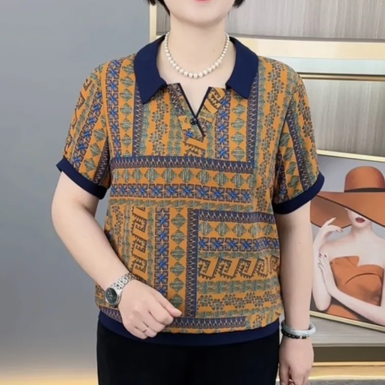 夏季新款时尚翻领中老年妈妈装休闲气质百搭显瘦减龄短袖上衣H910