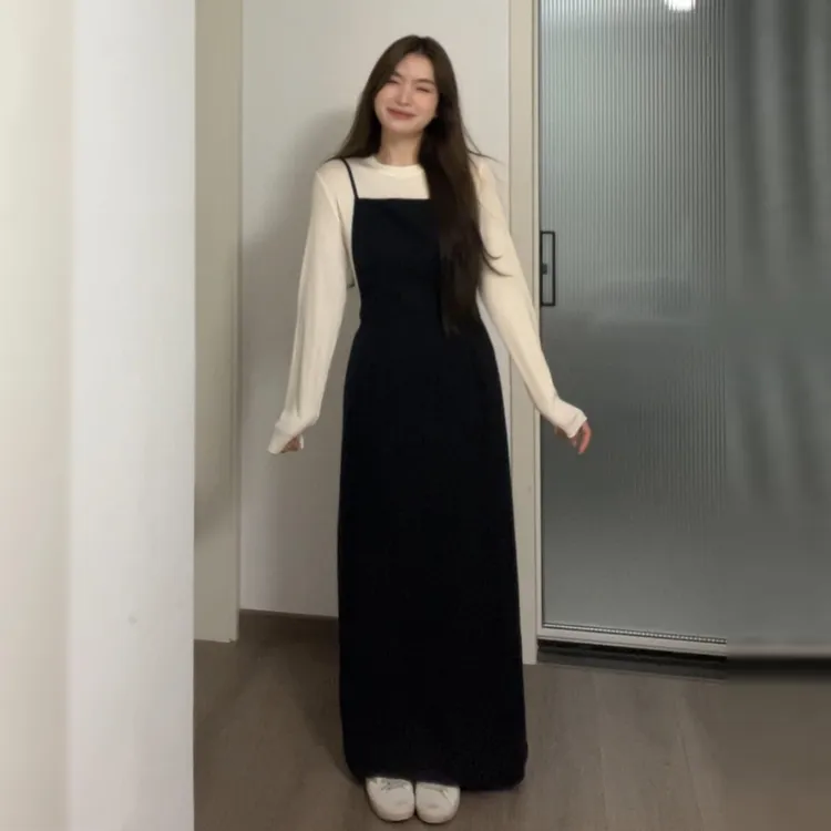 法式赫本风黑色吊带连衣裙子女装夏2025新款早秋穿搭气质长裙套装