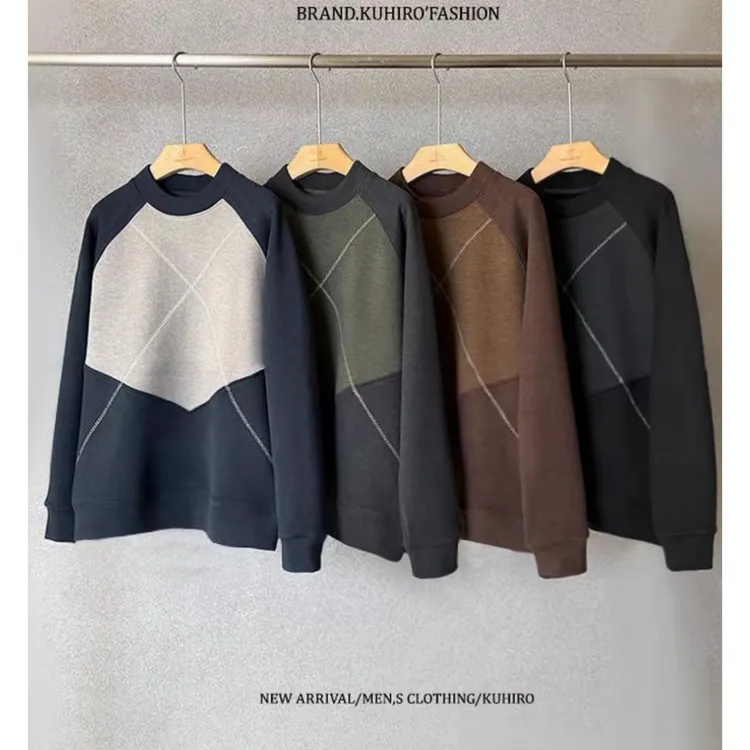 冬季新款加绒加厚明线拼色圆领保暖卫衣男洋气百搭