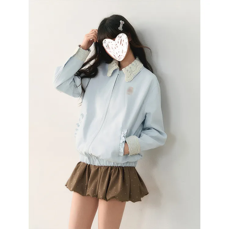 学院风蕾丝领花边夹克双色拼接宽松外套女装秋季新款百搭休闲上衣