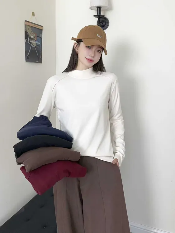 德绒双面磨毛长袖半高领通勤女宽松型打底T恤保暖针织百搭纯色衫