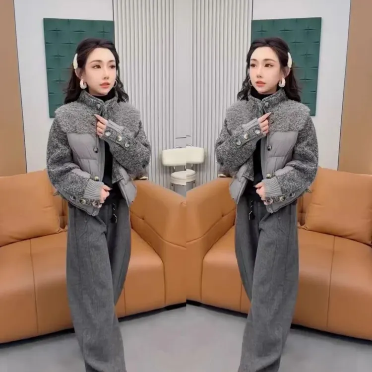 时尚休闲套装女2025冬季新款时尚显瘦拼色加厚保暖棉衣外套阔腿裤