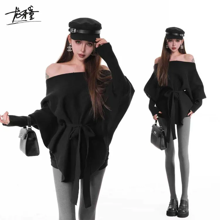 龙牙童推荐【贵感松弛】欧美显瘦慵懒露肩宽松卫衣气质百搭收腰秋季