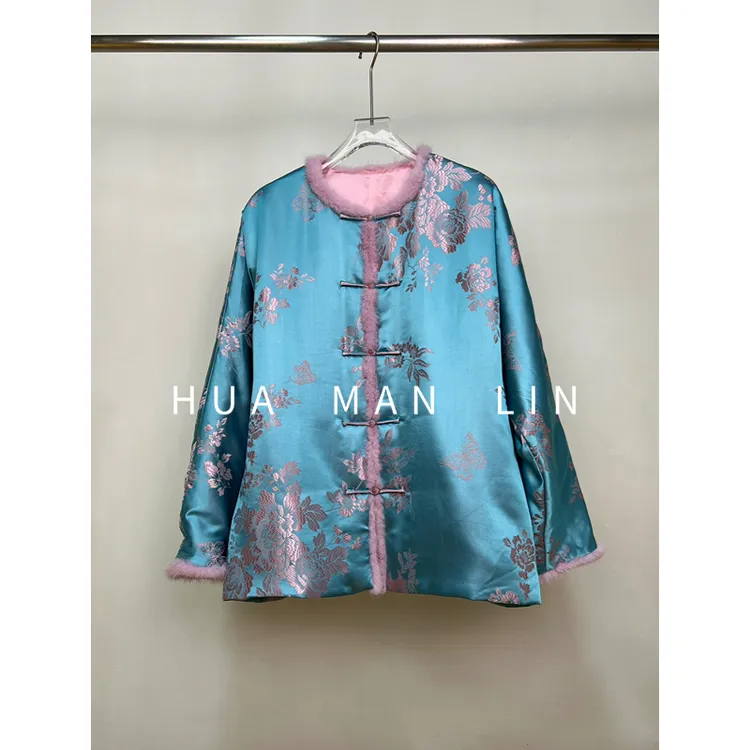 【花满林】圆领正门襟拼接毛条老缎真丝桑蚕丝加厚外套259955