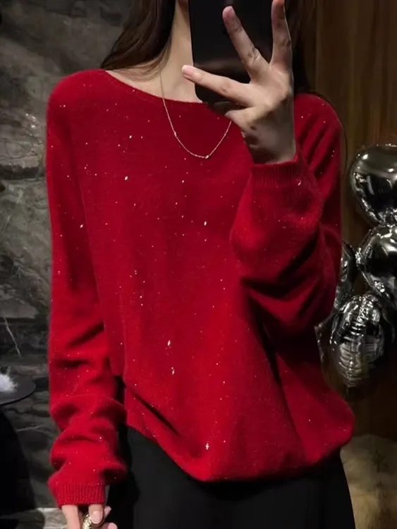 韩系红色长袖针织毛衣女2025秋冬季新款时尚宽松显瘦百搭柔软上衣
