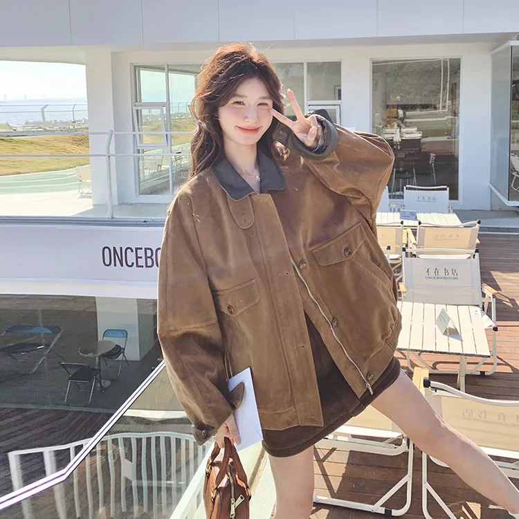 美拉德咖色小个子鹿皮绒外套2025春秋新款韩系穿搭减龄超好看夹克