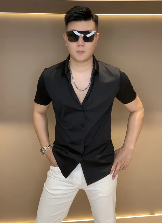 【泡面锅男装】夏季新款时尚简约百搭男士弹力无痕修身短袖衬衣W267