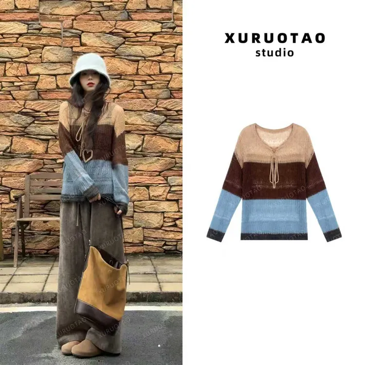 XURUOTAO 【布朗尼】羊驼绒羊毛混纺色彩拼接设计拼色上衣 T5675