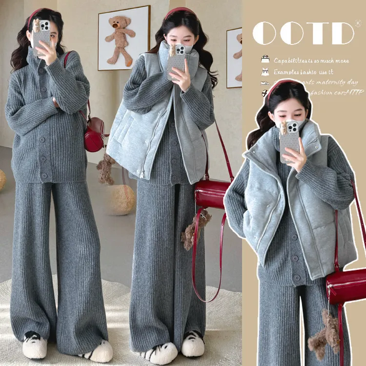 孕妇套装新款秋冬软糯亲肤开扣毛衣休闲时宽松套装百搭休闲马甲