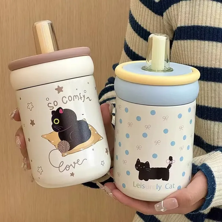 咖啡杯女生高颜值不锈钢吸管保温杯办公室泡茶杯可爱学生便携水杯