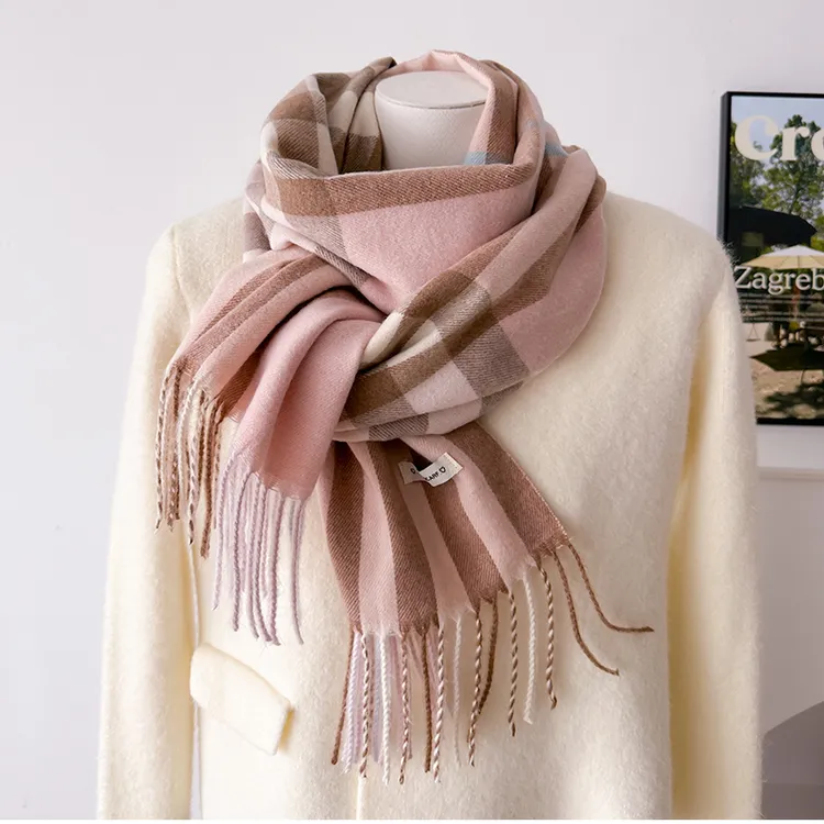 经典英伦格子粉色羊毛厚围巾学院风女生秋冬季护颈围脖送女友礼物