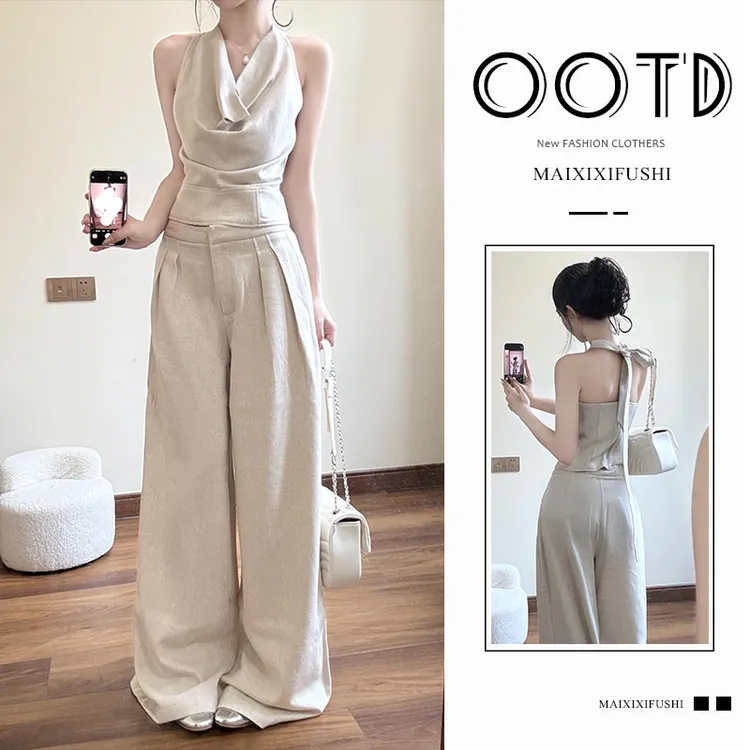 夏季一整套女装2025新款韩版高级感挂脖显瘦上衣高腰阔腿裤两件套