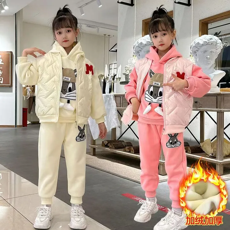 2025新款女童卫衣三件套卡通兔子中大童洋气时尚小儿童秋冬套装潮