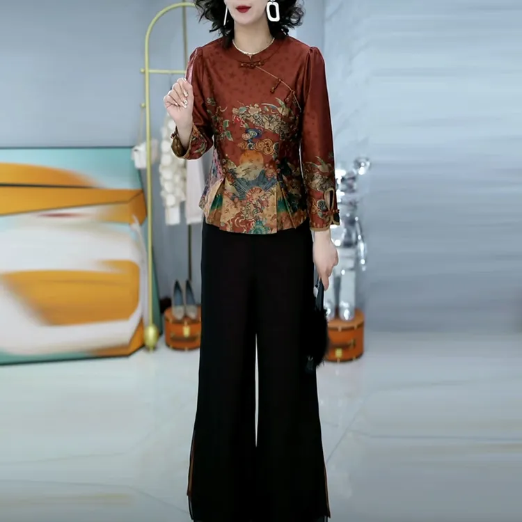 提花缎新中式国风套装女2025春季新款时尚显瘦气质长袖复古两件套