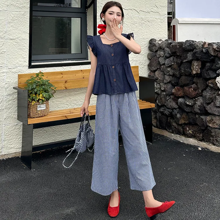 【阳光明媚】方领上衣格子裤套装女夏季新款145-155小个子穿搭减龄