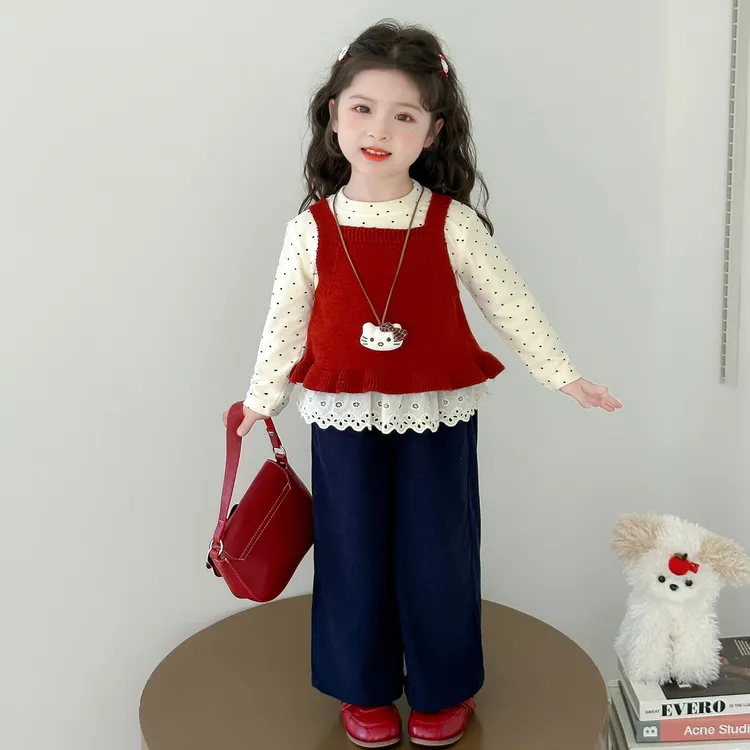 女童韩系套装2025春秋新款儿童巨好看秋装洋气女宝波点马甲三件套