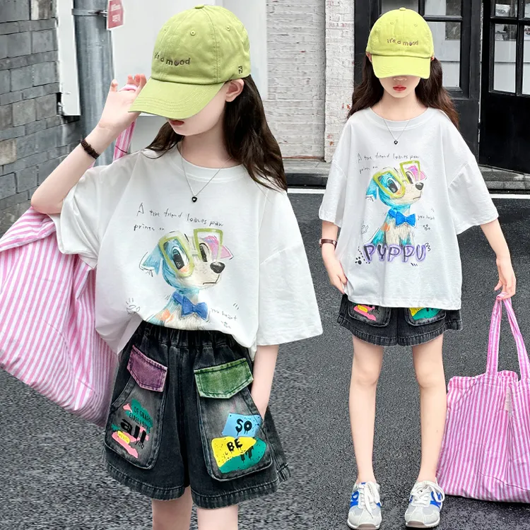 女童短袖夏季套装2025新款儿童洋气夏装T恤休闲中大童短裤两件套