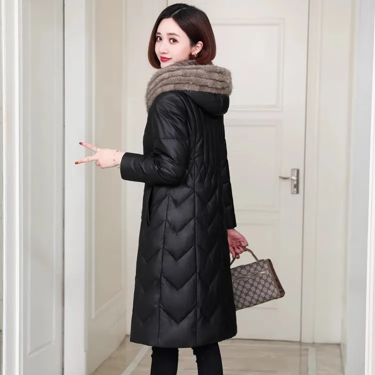 皮羽绒服女中长款绵羊皮加厚鸭绒外套2025新款冬季真貂毛领保暖