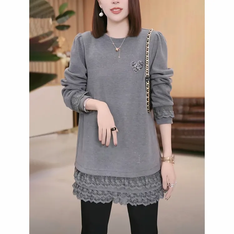灰色中长款卫衣女士秋冬加厚保暖宽松显瘦设计感蕾丝拼接打底上衣