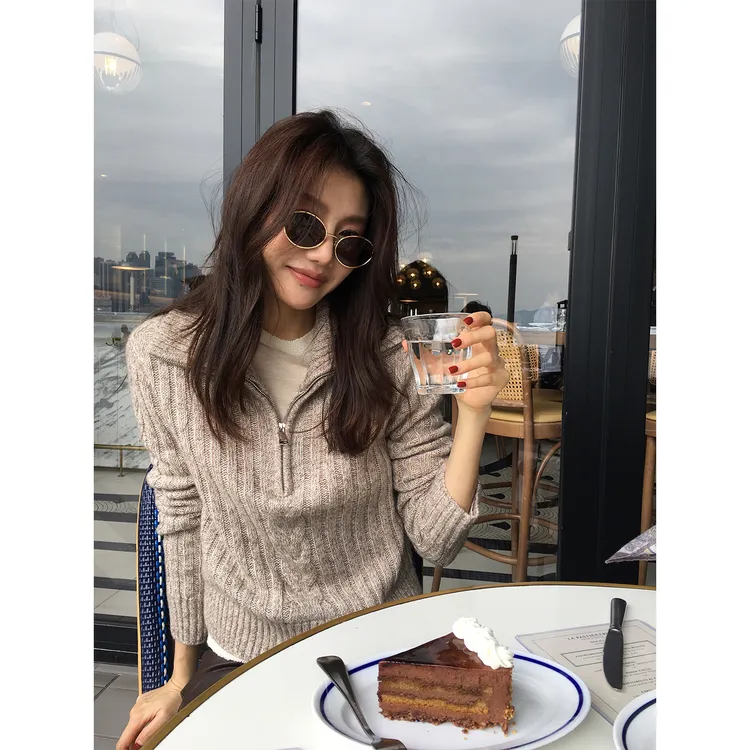 【ALONESAVOR】龍喜儿 美式半拉链简约山羊绒提花针织开衫V954