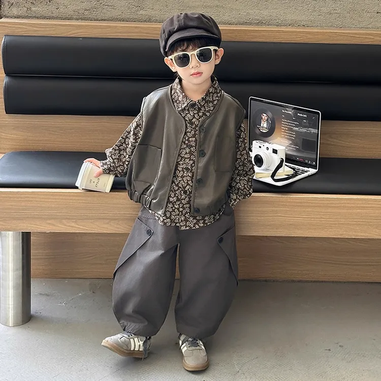 男童套装早秋儿童衣服韩版男孩皮衣马甲三件套宝宝衬衫春秋季童装