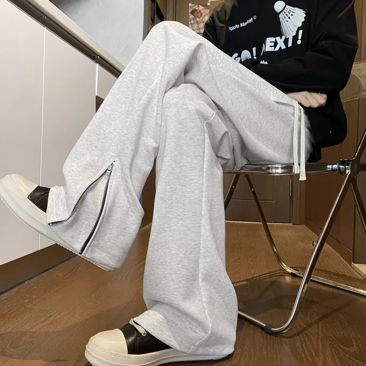 灰色重磅垂感弯刀卫裤男秋季侧拉链直筒裤子潮牌美式运动休闲长裤