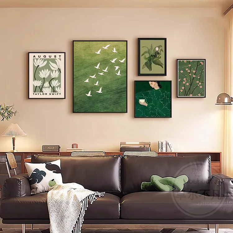 法式复古客厅装饰画中古风沙发背景墙挂画高级感绿色风景组合壁画