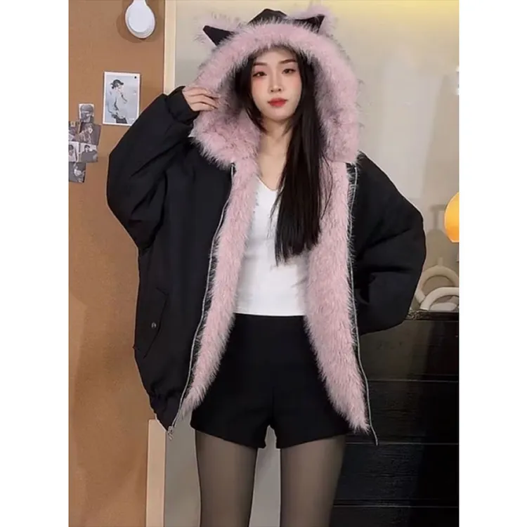 300斤特大码女装秋冬复古可爱猫耳朵毛领连帽棉服女胖mm宽松外套
