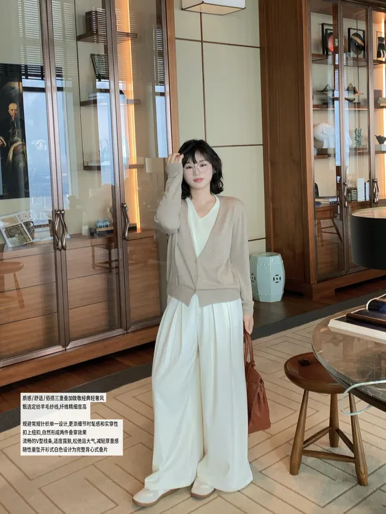 月半鱼【燕麦】V领假两件针织开衫女宽松气质百搭薄款外套上衣女