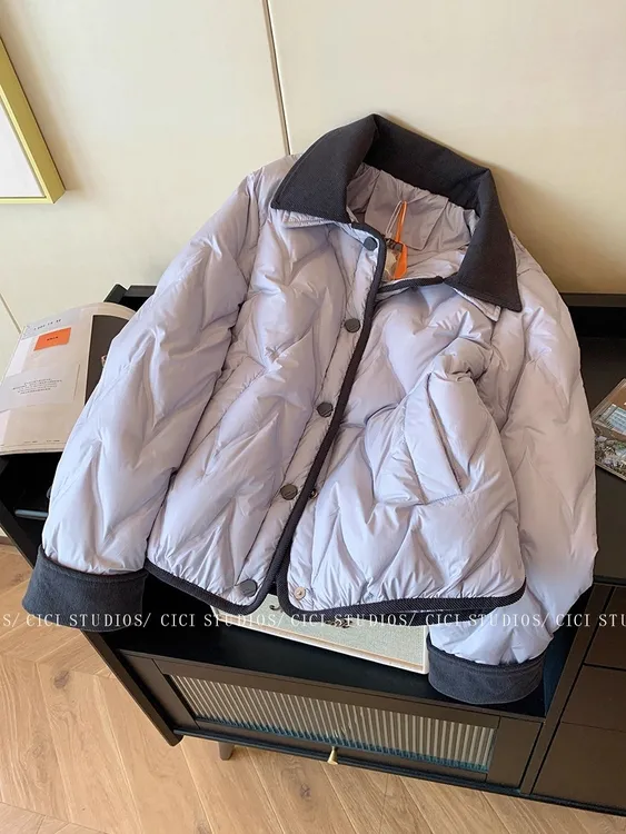 韩版baby蓝色撞色翻领棉服上衣女2025冬季新款小个子轻薄短款外套