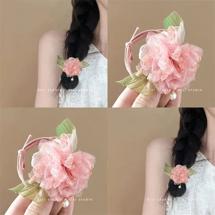 新款玫瑰花发圈百搭马尾头绳甜美少女发绳女珍珠流苏发绳森系头饰