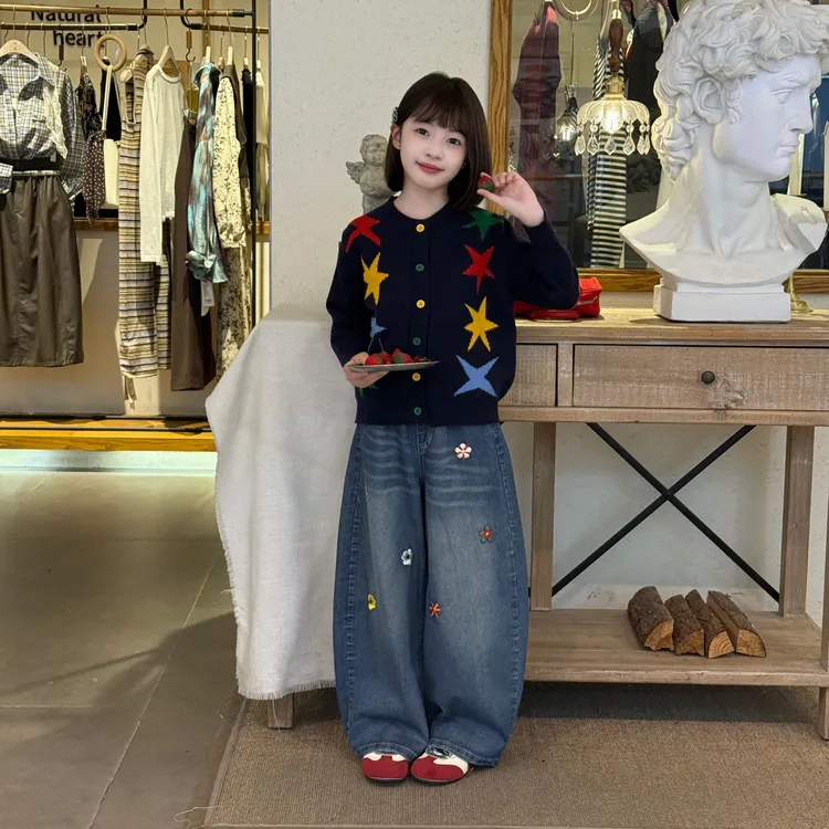 女童星星毛衣小花牛仔裤春秋2025新款韩版针织开衫洋气女孩两件潮