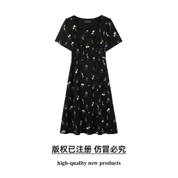 【奢姿】大码女装2025夏季方领设计小众气质连衣裙胖妹妹时尚碎花