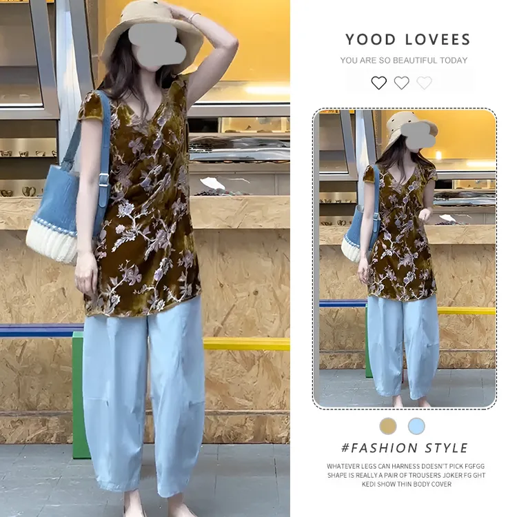 设计感别致复古印花短袖上衣女2025夏季新款弯刀宽松阔腿裤两件套