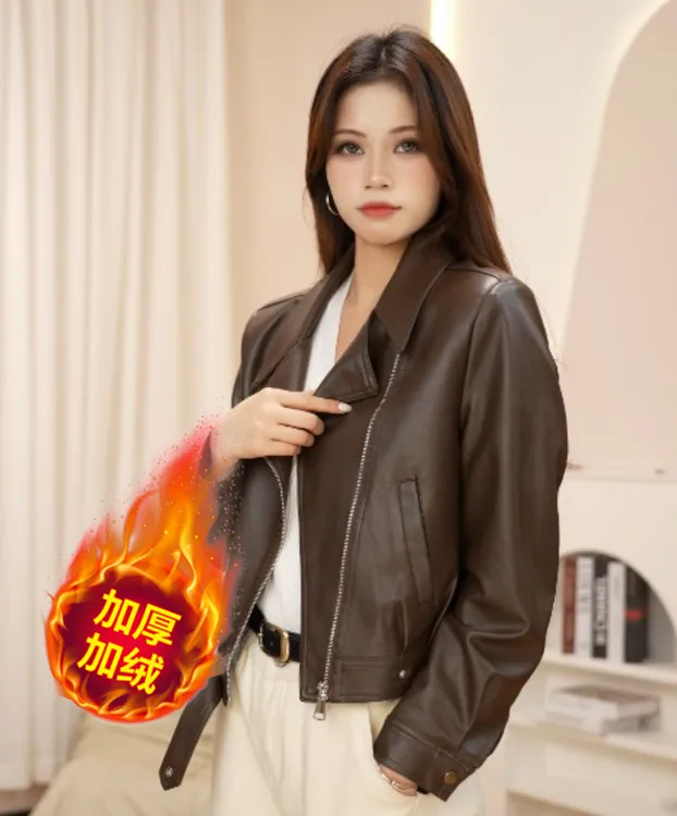 【海宁原产】翻领机车短款皮衣女显瘦气质时尚休闲百搭加绒夹克外套
