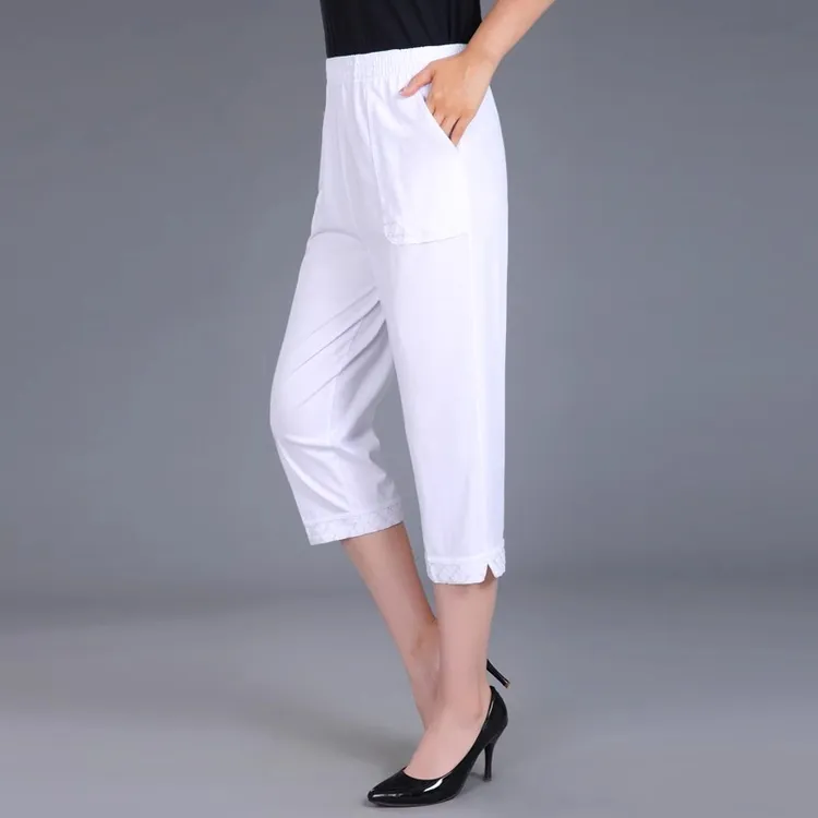 白色薄款七分裤子夏季宽松大码外穿妈妈装高腰休闲裤女中老年裤子