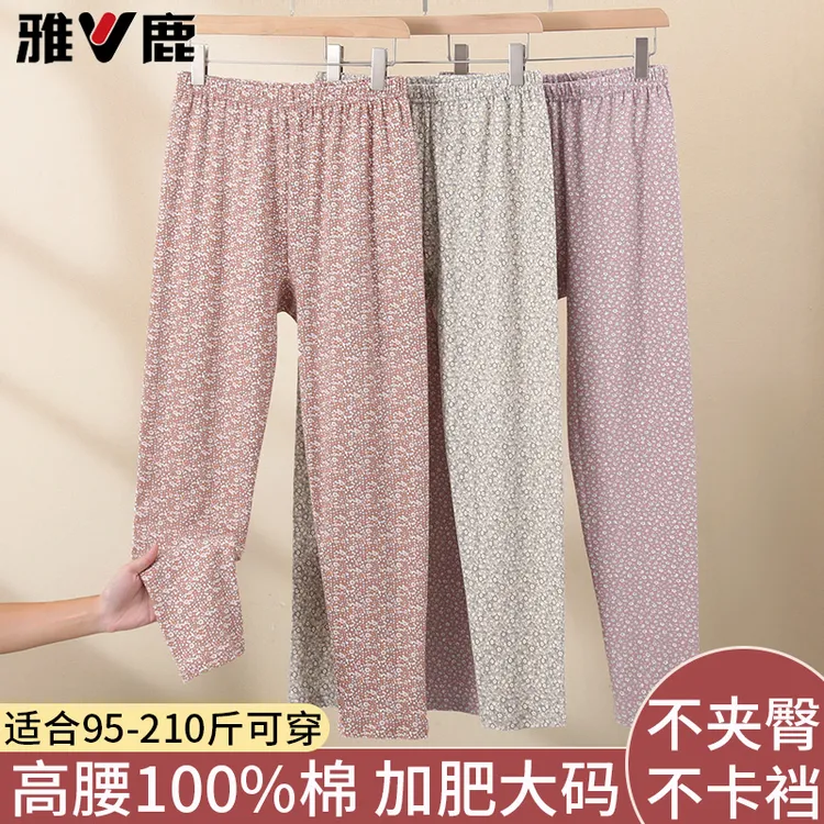 雅鹿女士纯棉秋裤中老年人衬裤妈妈打底裤全棉加肥大码宽松棉毛裤