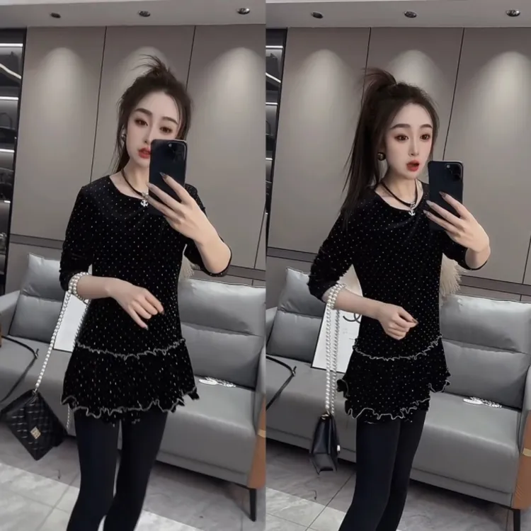 春秋款韩系洋气百搭半高领长袖波点显瘦连衣裙