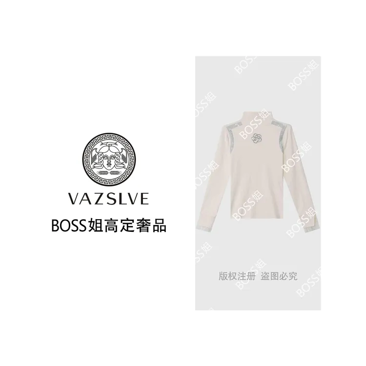 【VAZSLVE/全新奢品】捡漏 桑蚕丝羊毛烫钻山茶花蕾丝针织衫msl1069