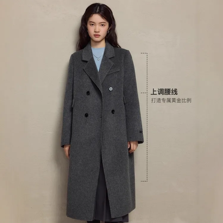 休闲正肩全羊毛双面你大衣女装2025冬季新款呢西装领外套