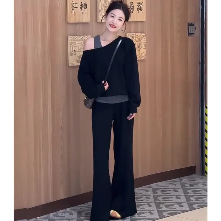 杨二迪减龄秋季斜秋季拼色百搭常规款女装长袖卫衣拼接气质洋气