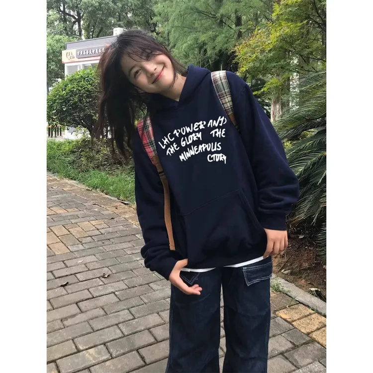 【AORSKK】重磅早秋无帽绳连帽卫衣女藏青色连帽衫百搭韩版休闲风潮