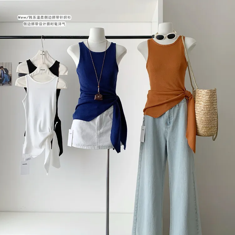 韩系不规则绑带开叉设计感纯色针织背带背心女夏新款百搭无袖上衣