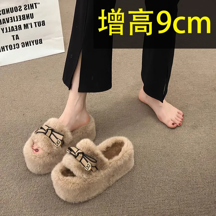 增高9cm小个子毛毛棉拖鞋女2025秋冬新款蝴蝶结百搭网红居家外穿