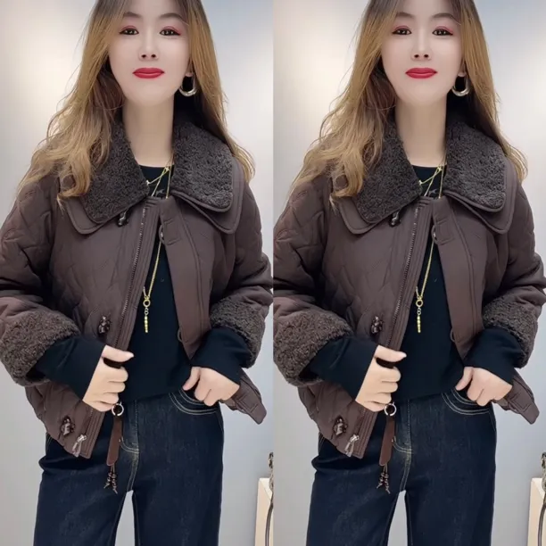 洋气长袖女宽松型常规耐磨网红拼接小香风韩版棉服外套