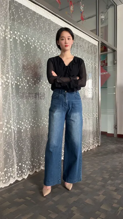 韩~原N ICE高腰显瘦显高直筒牛仔裤